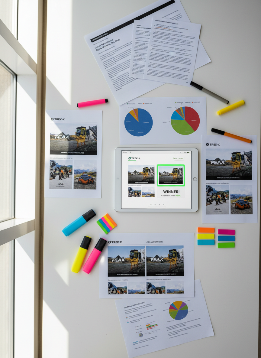 A polished white tabletop covered with an organized spread of printed analytics dashboards, colorful pie charts, and side-by-side ad variations from a fictional brand campaign. A tablet lies at the center, its screen showing an A/B test result page with one ad thumbnail highlighted as the winner. Highlighters, sticky tabs, and a small stack of neatly clipped research articles frame the tablet. Bright, indirect daylight from a nearby window casts clear, soft shadows, giving everything a crisp, academic feel. Shot from a directly overhead, bird’s-eye perspective with sharp focus across the entire frame, the photographic style is clean and modern. The mood is investigative and curious, perfectly suited for visualizing deep-dive explainers on what worked in a marketing campaign and why.