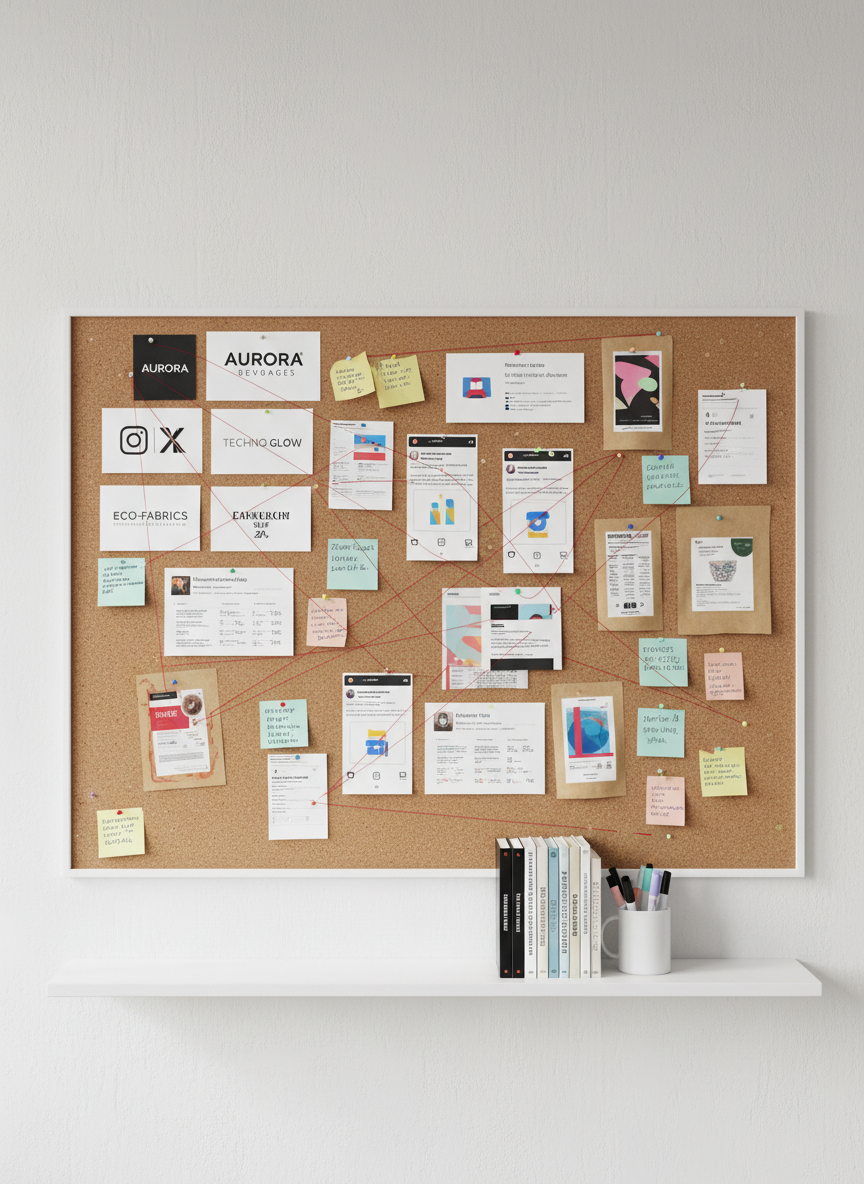 A large corkboard mounted on a matte white wall, completely filled with colorful campaign materials: printed brand logos, mock social media posts, product packaging flats, and handwritten note cards connected by thin red string to form a web of insights. On a small floating shelf beneath, a tidy row of marketing textbooks and a simple white ceramic mug filled with pens and pastel markers. Diffused overcast daylight from the left creates soft, even lighting with minimal shadows, emphasizing clarity and organization. Captured straight-on at eye level in crisp photographic realism, the composition uses the rule of thirds, with the densest cluster of pinned materials slightly off-center. The mood is analytical yet approachable, evoking a student-friendly lab for dissecting how popular brands market themselves.