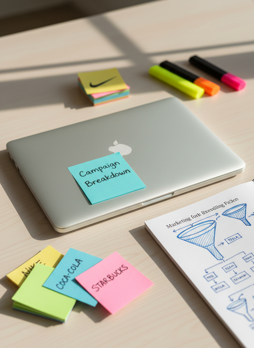 A sleek, closed silver laptop with a bright turquoise sticky note on its lid reading “Campaign Breakdown” in neat marker, resting on a pale birch desk. Around it, neatly arranged colored index cards labeled with famous brand names, highlighters, and an open notebook filled with tidy flowchart sketches of marketing funnels. Soft afternoon light from an unseen window washes across the desk, creating gentle shadows and a calm, focused atmosphere. Shot from a slightly elevated angle with a shallow depth of field so the laptop and sticky note are in sharp photographic focus, while the background fades into a subtle blur. The overall style is clean, modern, and student-friendly, suggesting a workspace dedicated to analyzing marketing campaigns in depth.